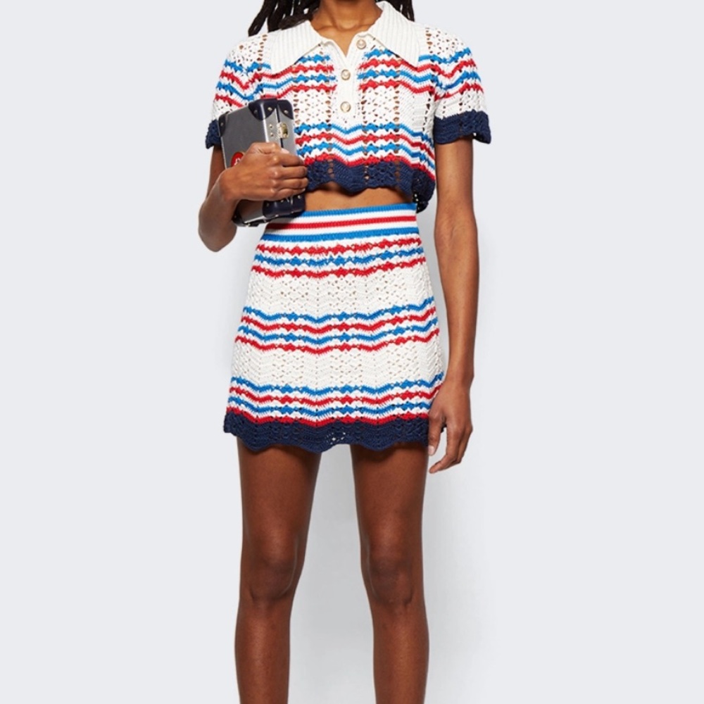 CASABLANCA CROCHET CHEVRON A-LINE SKIRT OFF-WHITE AND NAVY (Small)